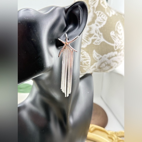 Silver Starfish Tassel Earrings – Coastal Glam - Picture 5 of 5